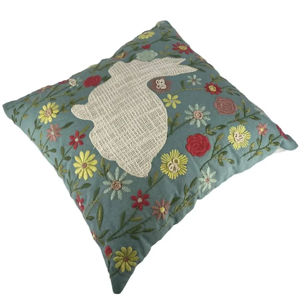 PIER 1 Embroidered Bunny Rabbit Pillow Zip Off Cover Easter Spring Decor